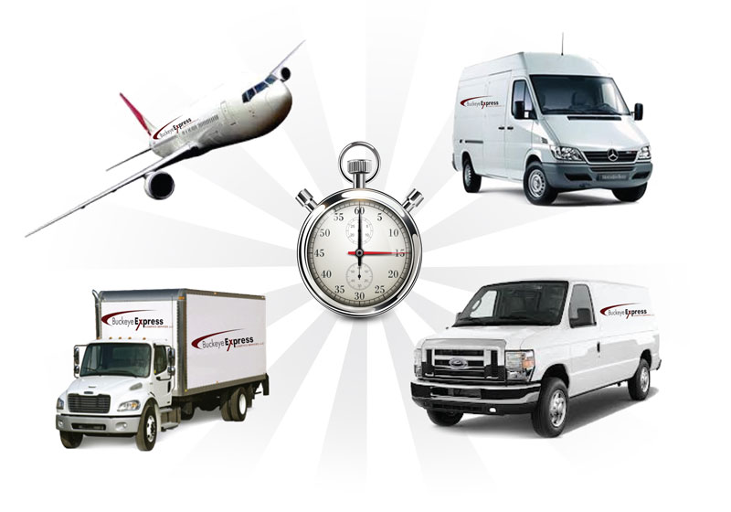 of the different services we use for Emergency Shipping services - an airplane, a bus, a truck, a van, and a stop watch